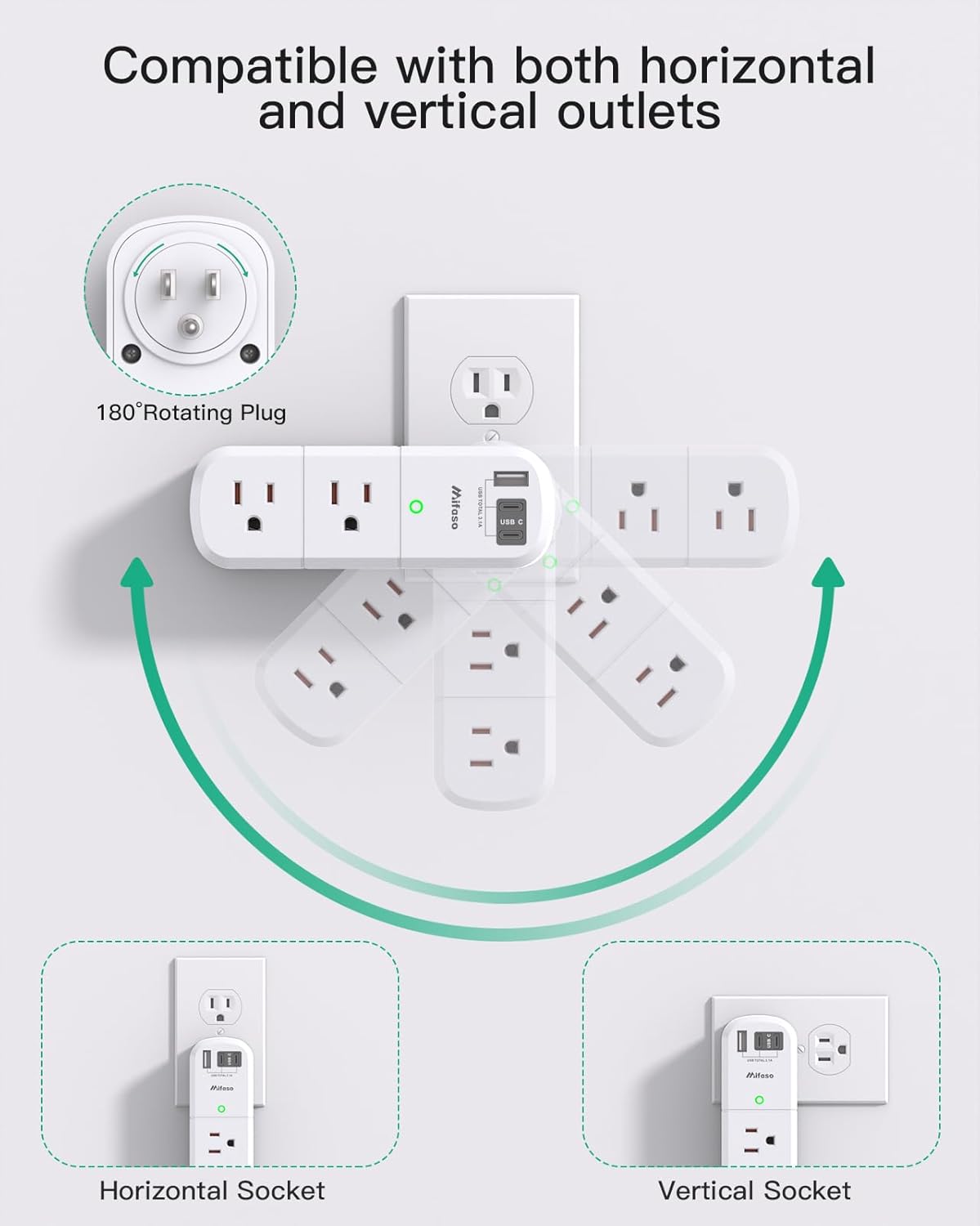 Non Surge Protector Outlet Extender with Rotating Plug, 6 AC Outlets with USB Charging Ports, Multi Plug Wall Outlet USB C Charger Hub, Travel Essentials