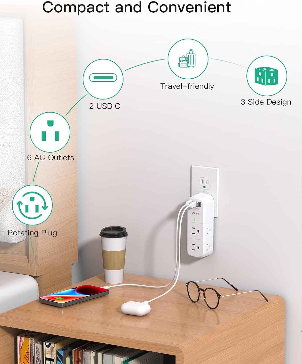 Non Surge Protector Outlet Extender with Rotating Plug, 6 AC Outlets with USB Charging Ports, Multi Plug Wall Outlet USB C Charger Hub, Travel Essentials