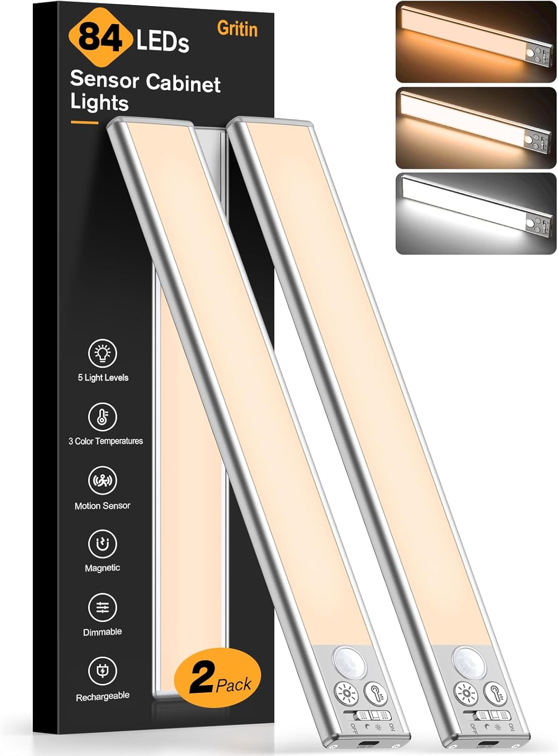 Gritin 10.2inch Under Cabinet Lighting Rechargeable -84 LED Super Bright,3-Color& 5 Level Brightness,4 Modes,Motion Sensor, Long Lasting- Easy Installation Magnetic Under Cabinet Closet Lights -2 Pack