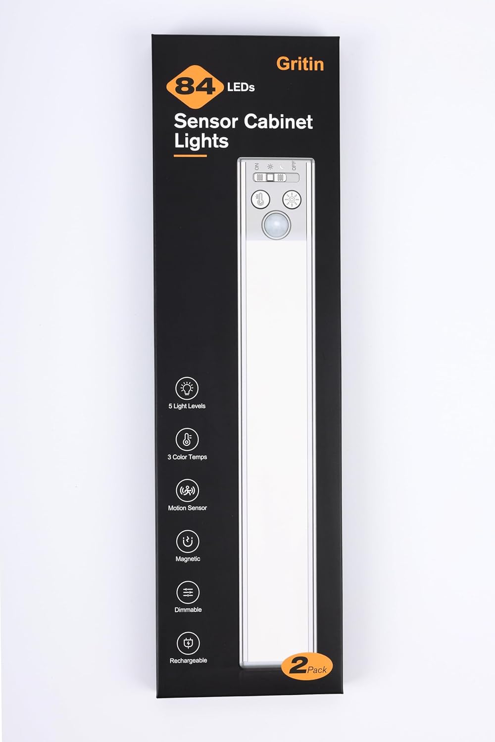 Gritin 10.2inch Under Cabinet Lighting Rechargeable -84 LED Super Bright,3-Color& 5 Level Brightness,4 Modes,Motion Sensor, Long Lasting- Easy Installation Magnetic Under Cabinet Closet Lights -2 Pack